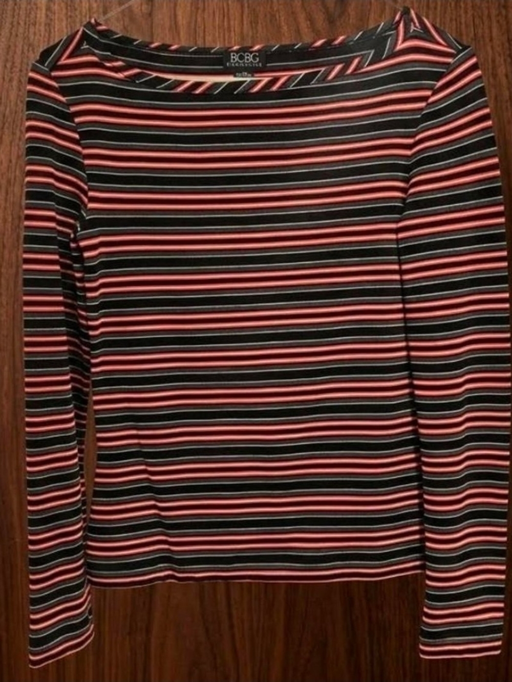 BCBGMaxAzria Black and Coral Striped Long-Sleeve Boatneck Top -S